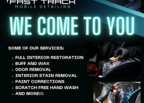 Image of Fast Track Mobile Detailing - big title lettering in teal - We come to you - and a list of their services | Black Owned Maine Portland