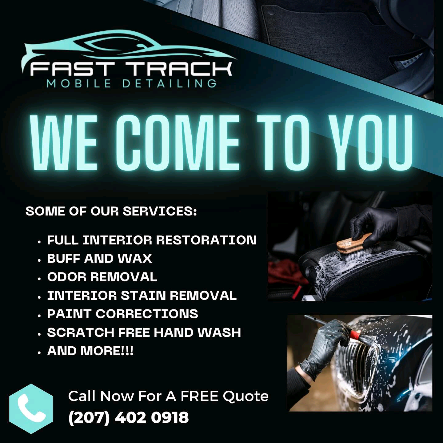 Image of Fast Track Mobile Detailing - big title lettering in teal - We come to you - and a list of their services | Black Owned Maine Portland