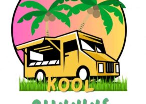 Image of Kool Runnins logo - a circle with gradient coloring from pink to yellow with a yellow food truck in front of two palm trees and on grass with lettering below in yellow and green | Black Owned Maine Portland African Restaurant