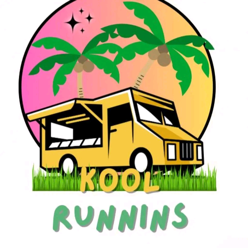 Image of Kool Runnins logo - a circle with gradient coloring from pink to yellow with a yellow food truck in front of two palm trees and on grass with lettering below in yellow and green | Black Owned Maine Portland African Restaurant